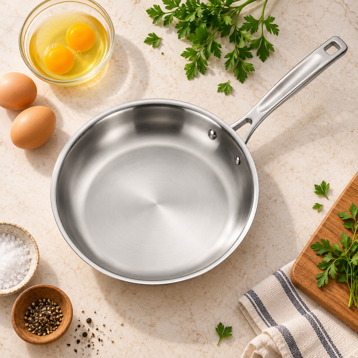 Overhead flat-lay of a Tramontina Signature Tri-Ply 8 inch stainless steel fry pan with eggs and herbs