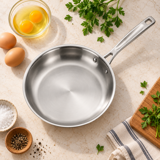 Overhead flat-lay of a Tramontina Signature Tri-Ply 8 inch stainless steel fry pan with eggs and herbs