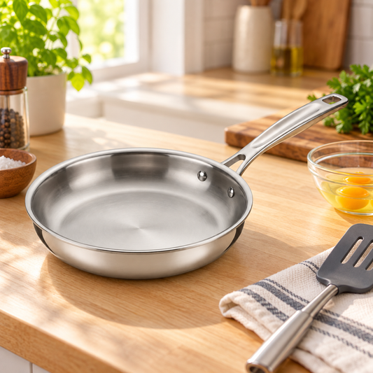 Tramontina Signature Tri-Ply 8 inch stainless steel fry pan on a wood kitchen counter