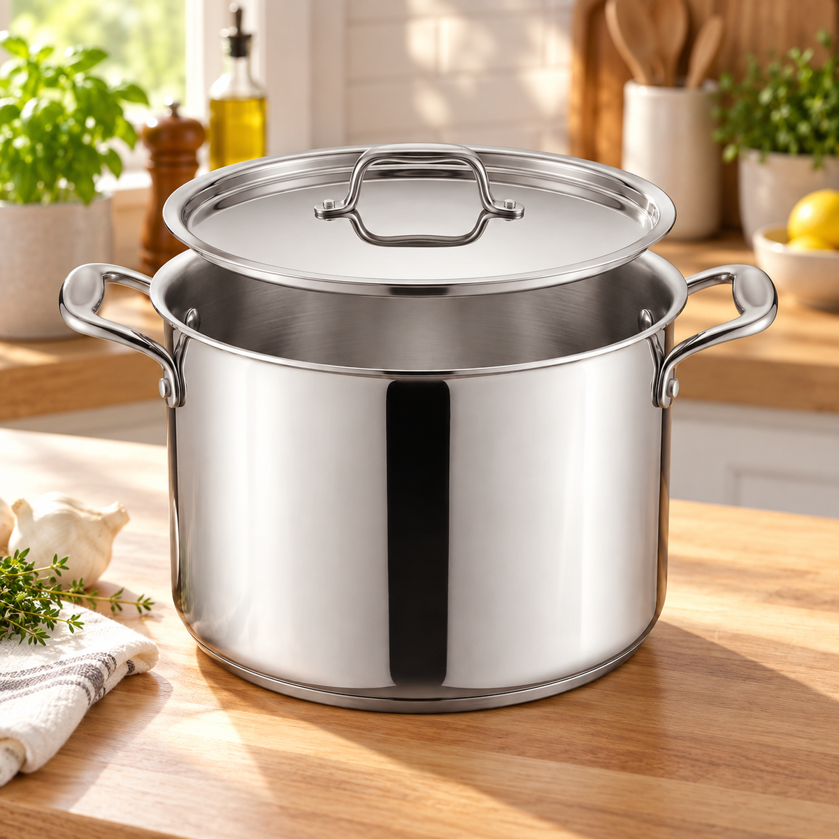 Tramontina Tri-Ply Base 8 quart stainless steel covered stock pot with glass lid on a wood kitchen counter