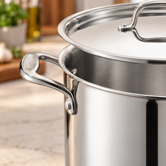 Close-up of the riveted handle on a Tramontina Tri-Ply Base 8 quart stainless steel covered stock pot