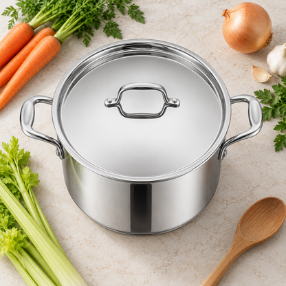 Overhead flat-lay of a Tramontina Tri-Ply Base 8 quart stainless steel covered stock pot with vegetables