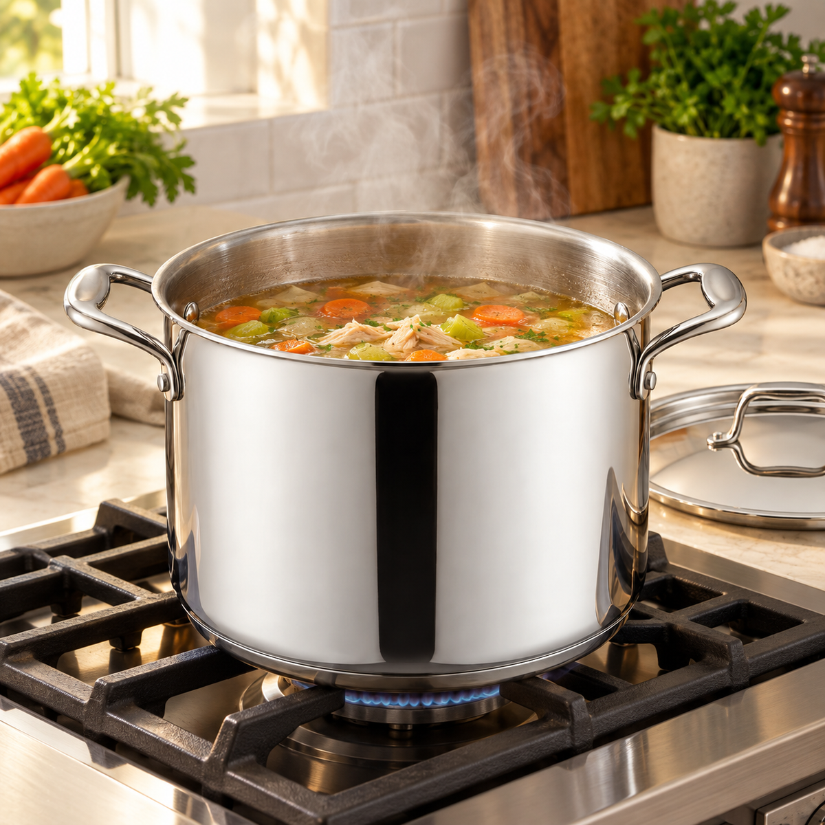 Chicken soup with carrots and celery simmering in a Tramontina Tri-Ply Base 8 quart stainless steel stock pot on a gas stovetop