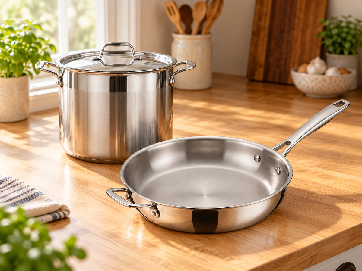 Tramontina Sear and Simmer 12 Qt bundle - 12 inch Signature Tri-Ply fry pan and 12 quart Tri-Ply Base stock pot on a kitchen counter