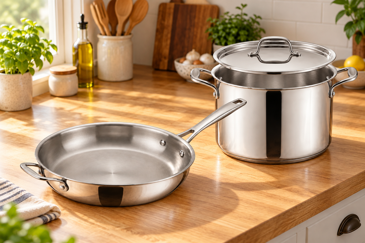 Tramontina Sear and Simmer 8 Qt bundle - 12 inch Signature Tri-Ply fry pan and 8 quart Tri-Ply Base stock pot on a kitchen counter