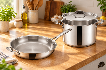 Tramontina Sear and Simmer 8 Qt bundle - 12 inch Signature Tri-Ply fry pan and 8 quart Tri-Ply Base stock pot on a kitchen counter