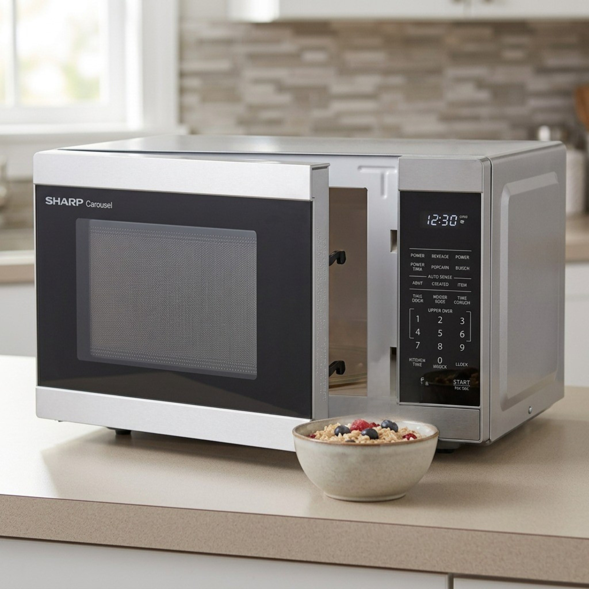 Sharp SMC1162KSC microwave on beige countertop with bowl of oatmeal lifestyle
