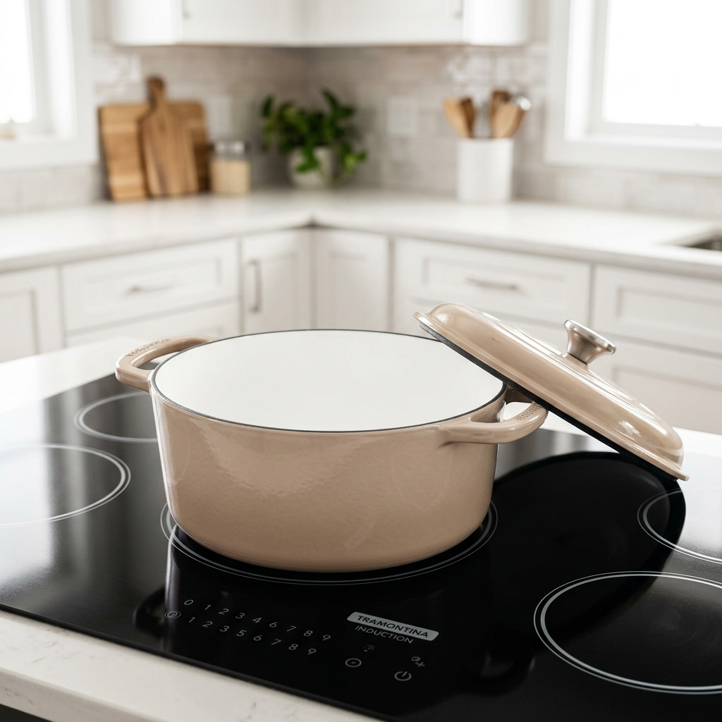 Tramontina Bestow 5.5 Qt Latte Dutch Oven on Tramontina induction cooktop in bright white kitchen