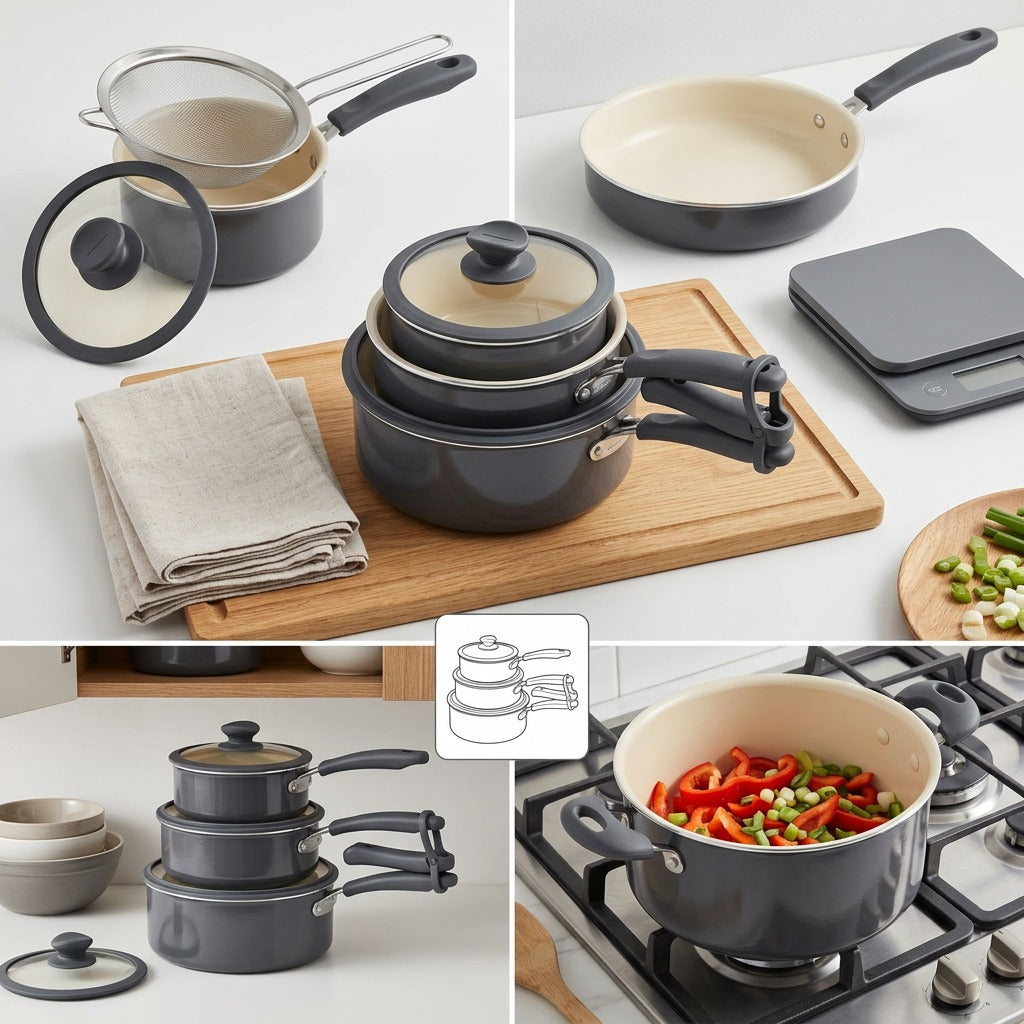 Tramontina 6-Piece Nesting Ceramic Cookware Set Dark Gray front view on white background