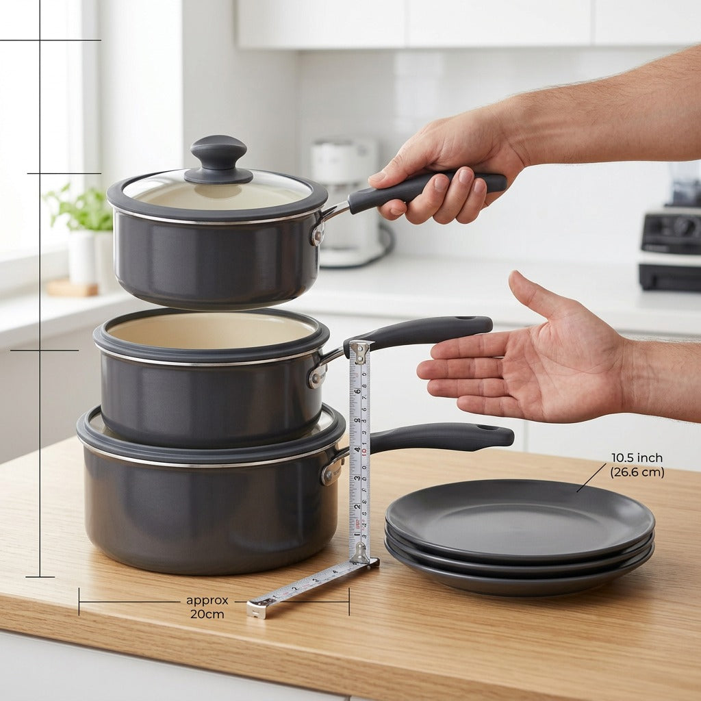 Tramontina 6-Piece Nesting Ceramic Cookware Set Dark Gray size reference with tape measure showing 20cm width