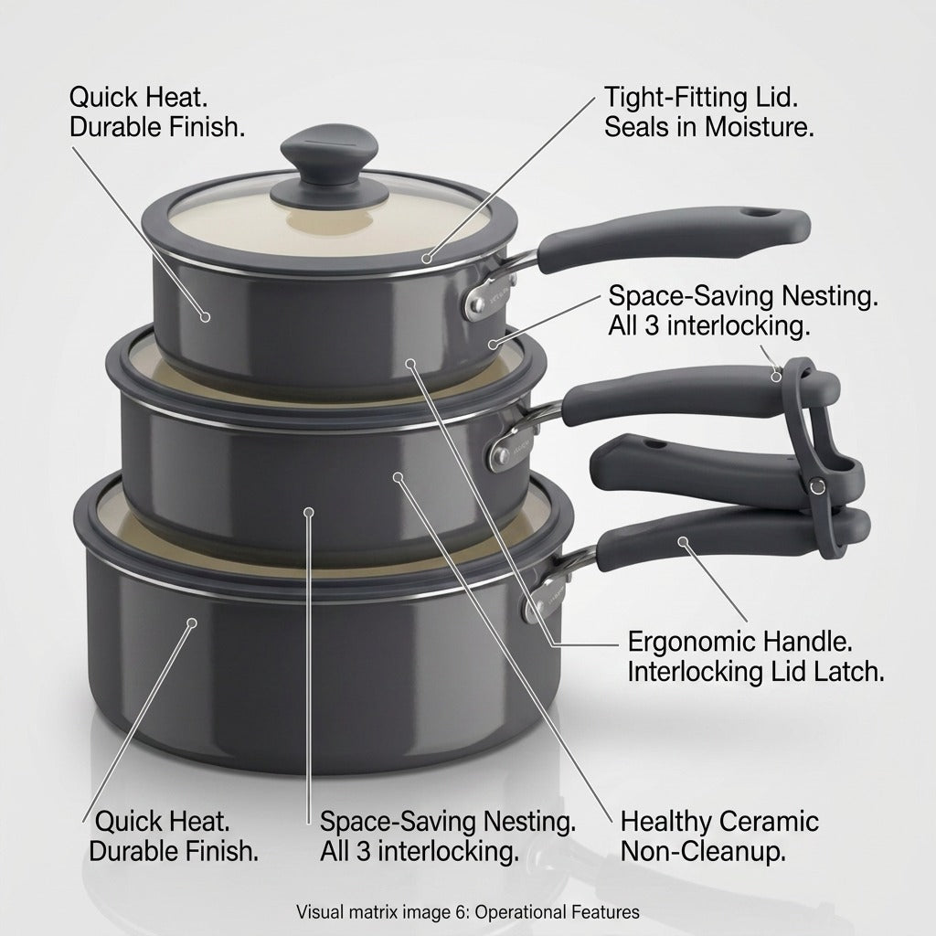 Tramontina 6-Piece Nesting Ceramic Cookware Set Dark Gray feature callout nesting space-saving ceramic nonstick
