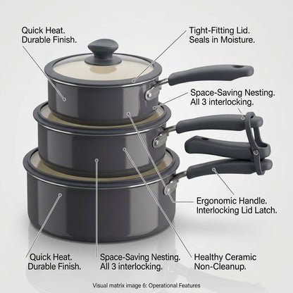 Tramontina 6-Piece Nesting Ceramic Cookware Set Dark Gray feature callout nesting space-saving ceramic nonstick