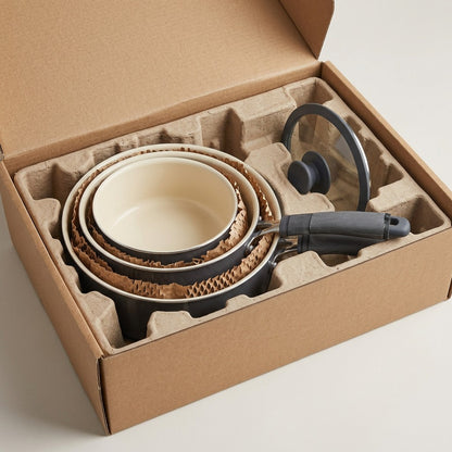 Tramontina 6-Piece Nesting Ceramic Cookware Set Dark Gray unboxing in kraft packaging