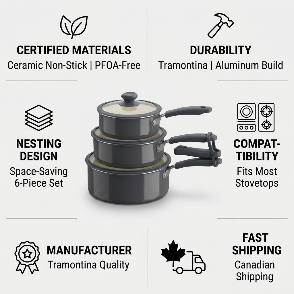 Tramontina 6-Piece Nesting Ceramic Cookware Set Dark Gray PFOA-free ceramic nonstick features infographic