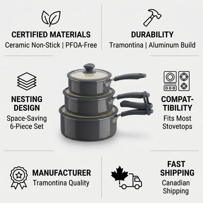 Tramontina 6-Piece Nesting Ceramic Cookware Set Dark Gray PFOA-free ceramic nonstick features infographic