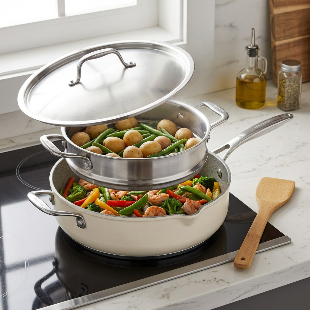 Tramontina All-In-One Plus Pan 5 Qt Sea Salt with steaming vegetables and fish lifestyle
