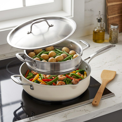 Tramontina All-In-One Plus Pan 5 Qt Sea Salt with steaming vegetables and fish lifestyle
