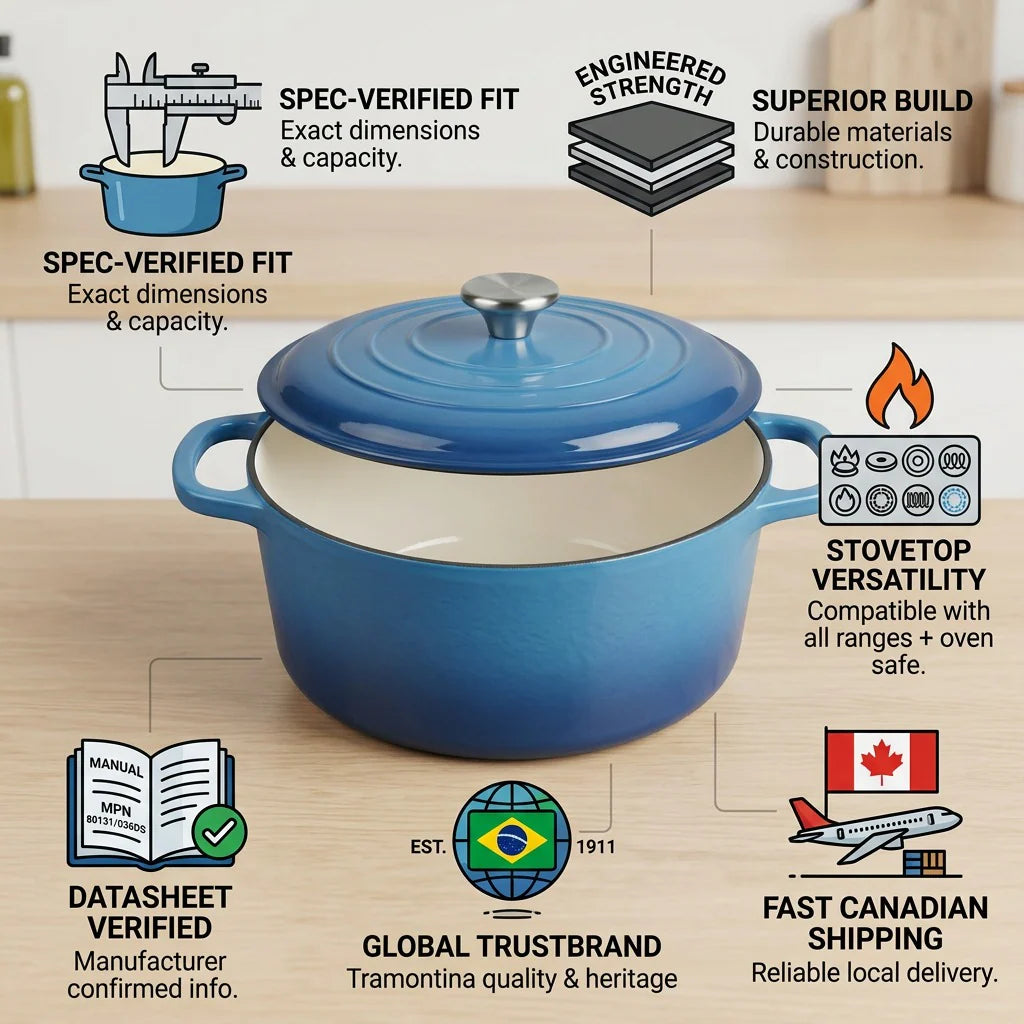 Tramontina Bestow 5.5 Qt Dutch Oven Medium Blue trust and specifications infographic