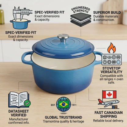 Tramontina Bestow 5.5 Qt Dutch Oven Medium Blue trust and specifications infographic
