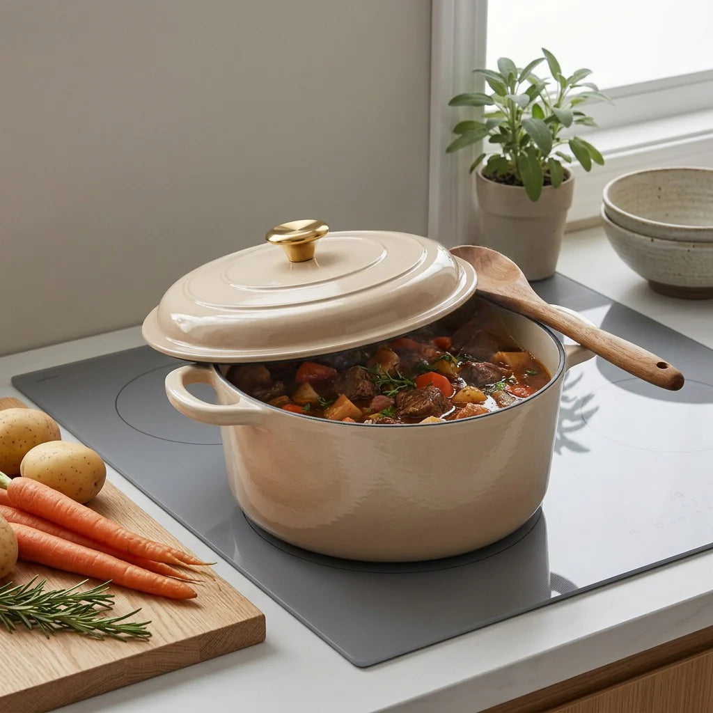 Tramontina Bestow 5.5 Qt Dutch Oven Latte with stew on stove lifestyle