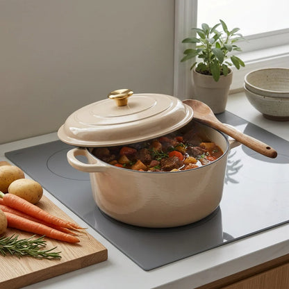 Tramontina Bestow 5.5 Qt Dutch Oven Latte with stew on stove lifestyle