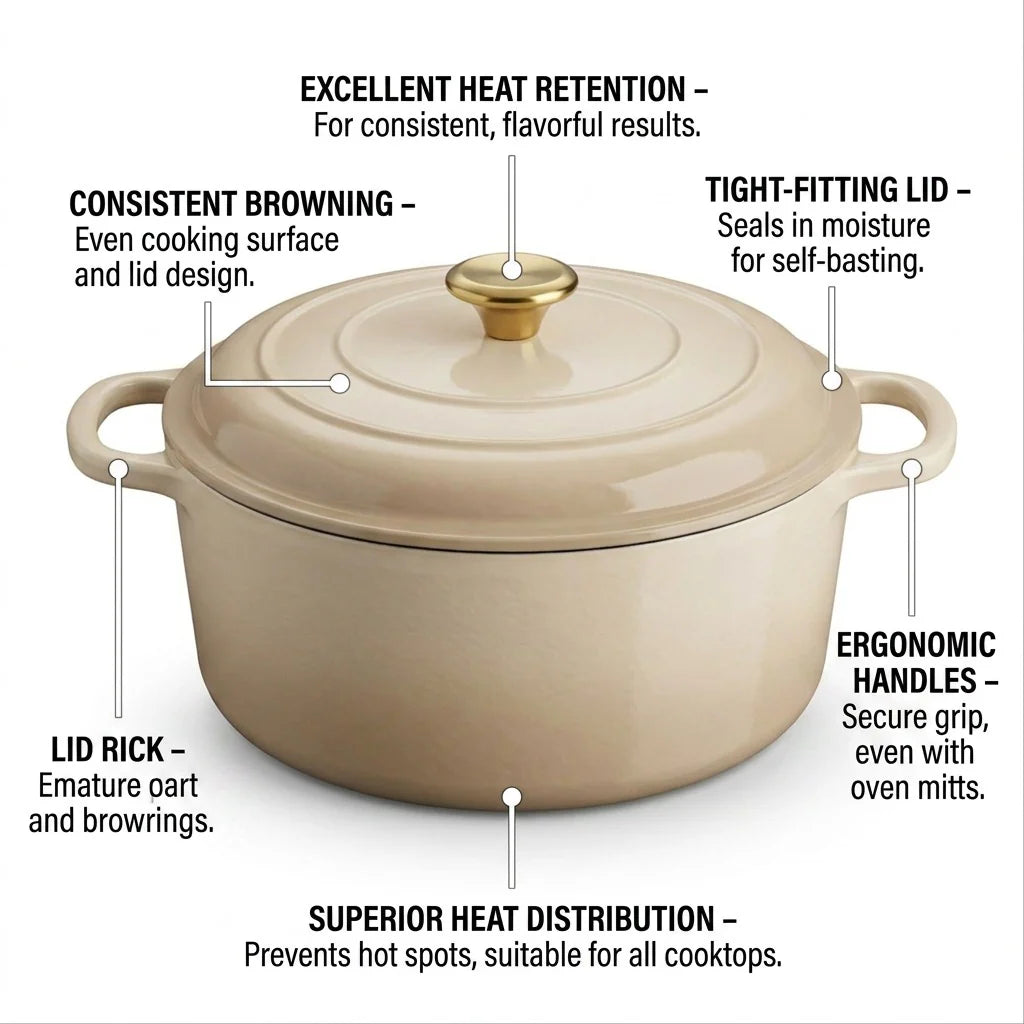 Tramontina Bestow 5.5 Qt Dutch Oven Latte heat retention and self-basting lid features callout