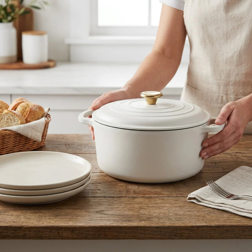 Tramontina Bestow 5.5 Qt Dutch Oven Matte White size reference with dinner plates