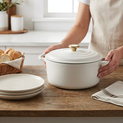 Tramontina Bestow 5.5 Qt Dutch Oven Matte White size reference with dinner plates