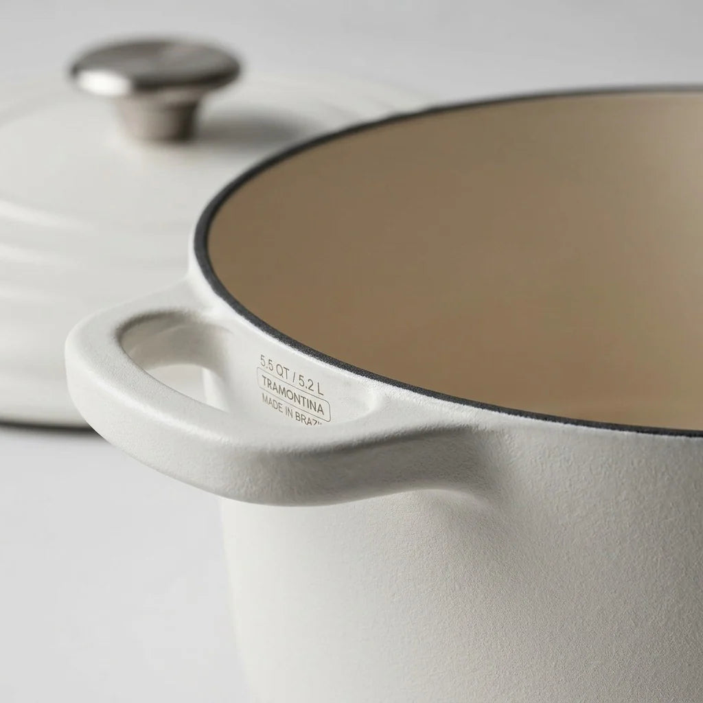 Tramontina Bestow 5.5 Qt Dutch Oven Matte White enamel finish and capacity marking close-up