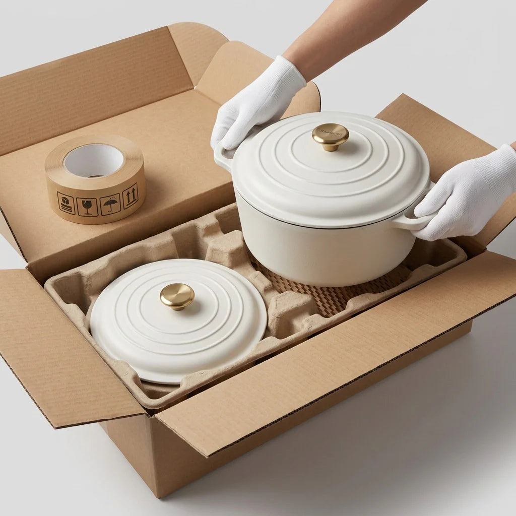 Tramontina Bestow 5.5 Qt Dutch Oven Matte White unboxing in molded pulp packaging