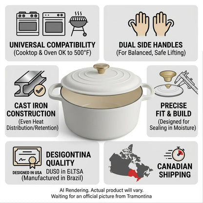 Tramontina Bestow 5.5 Qt Dutch Oven Matte White trust and specifications infographic