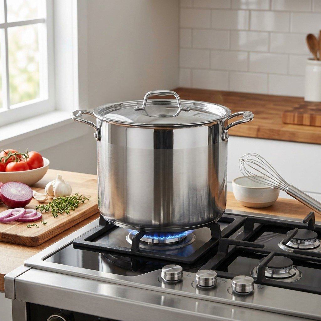 Tramontina Tri-Ply Base Covered Stock Pot 12 Qt simmering on range lifestyle

