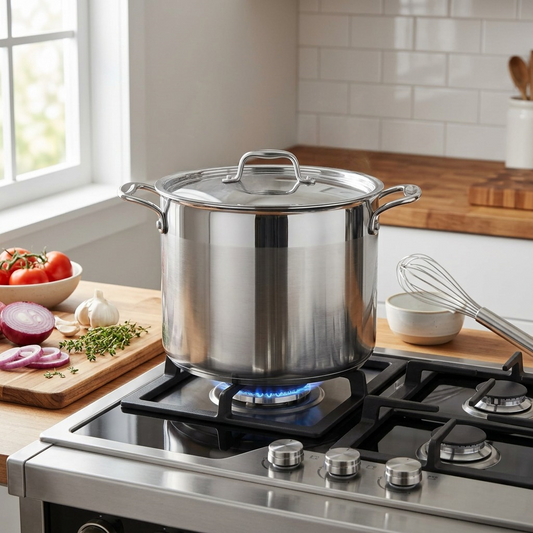 Tramontina Tri-Ply Base Covered Stock Pot 12 Qt simmering on range lifestyle
