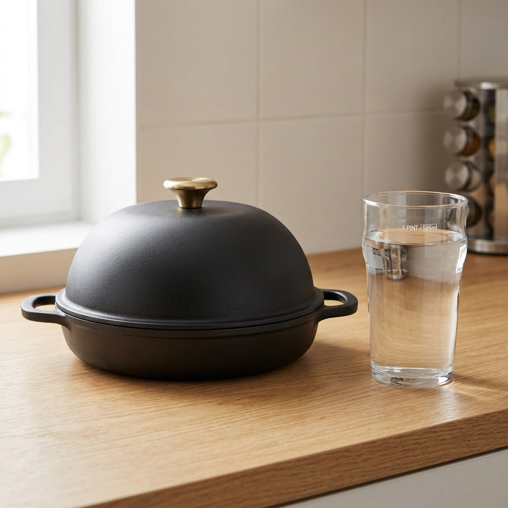 Tramontina 9.5-inch black cast iron bread oven with gold knob on a counter next to a pint glass.
