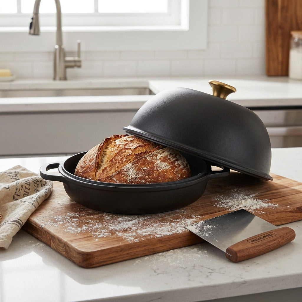 Tramontina 9.5 inch enamel cast iron bread oven in iron black with a fresh loaf on a wooden board.
