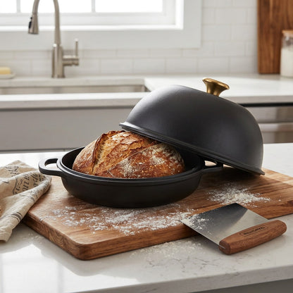 Tramontina 9.5 inch enamel cast iron bread oven in iron black with a fresh loaf on a wooden board.

