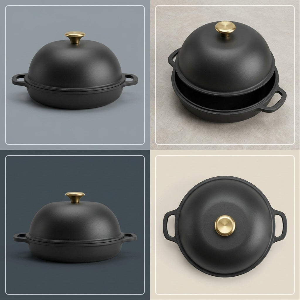 Four angles of the Tramontina 9.5 inch Iron Black bread oven with a gold knob and domed lid.
