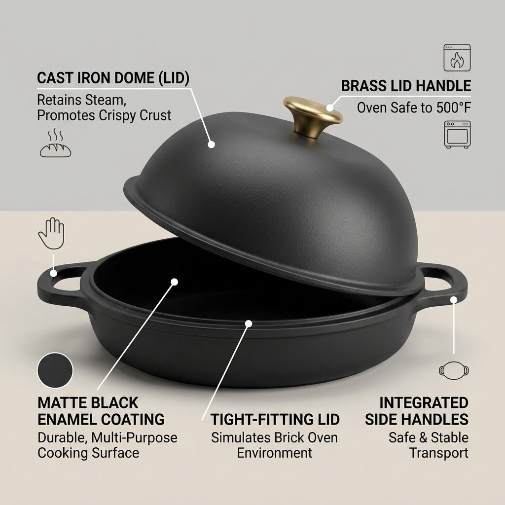 Tramontina Bread Oven feature diagram showing cast iron dome lid, brass handle, and enamel coating.
