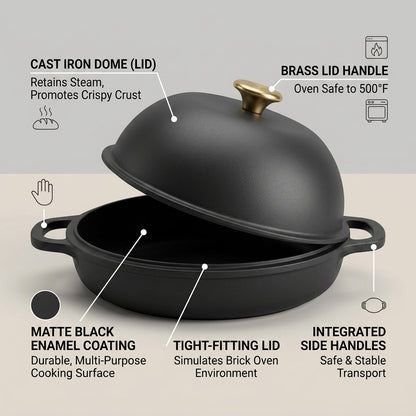 Tramontina Bread Oven feature diagram showing cast iron dome lid, brass handle, and enamel coating.
