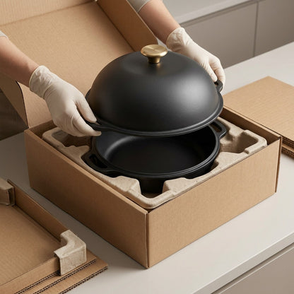 Unboxing the Tramontina 9.5 inch enamel cast iron bread oven from secure, protective packaging.
