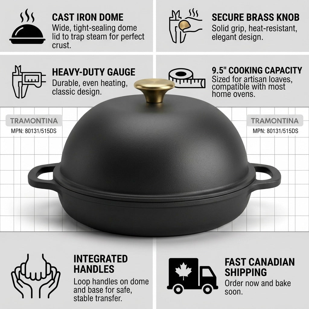 Infographic for Tramontina 9.5-inch Iron Black Enamel Cast Iron Bread Oven with feature callouts.
