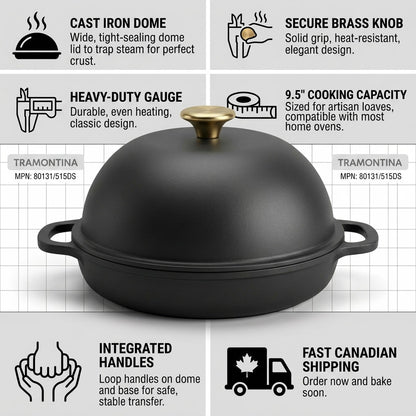 Infographic for Tramontina 9.5-inch Iron Black Enamel Cast Iron Bread Oven with feature callouts.
