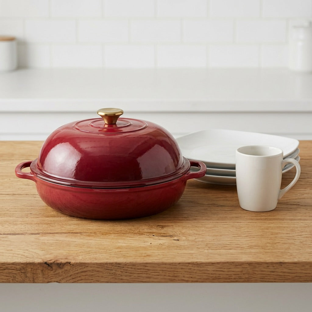 Tramontina Cranberry Red 9.5-inch bread oven beside a coffee mug and plates for scale on a table.
