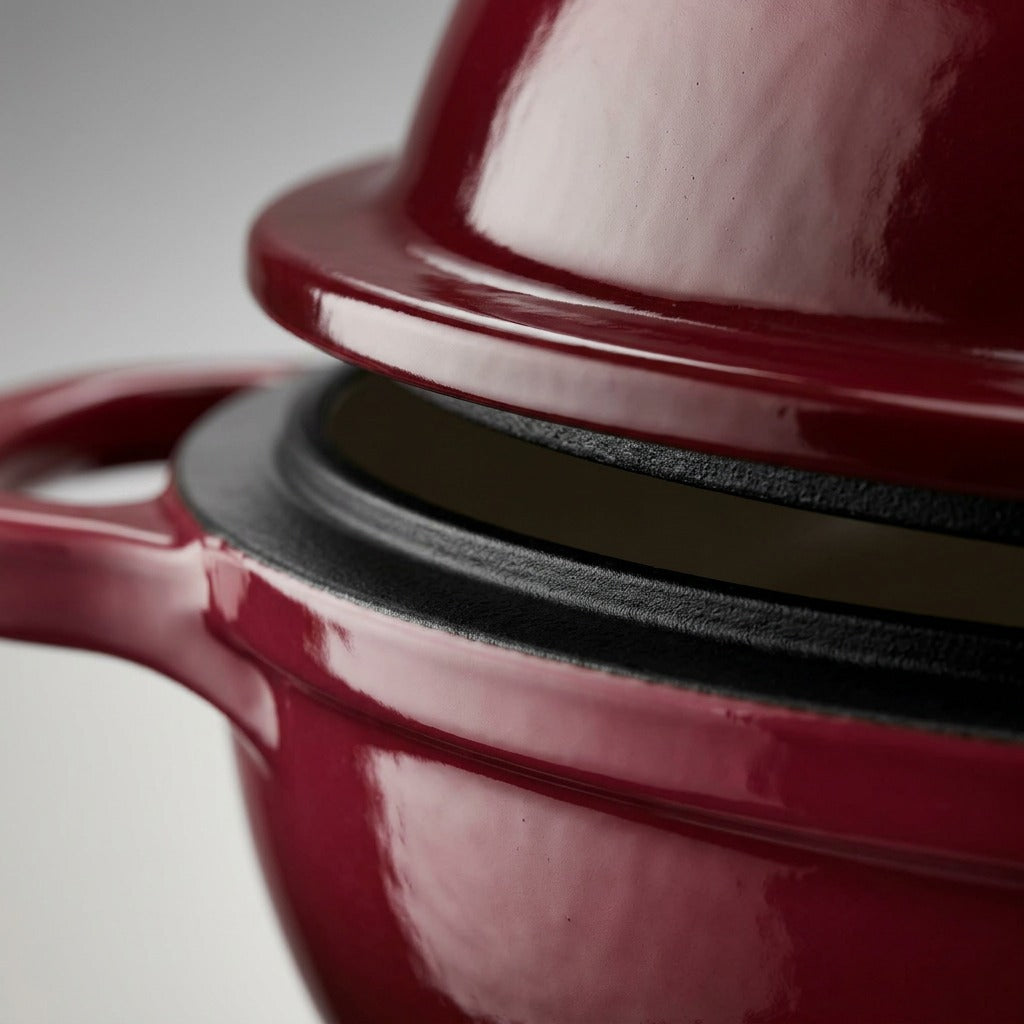 Macro detail of the gloss cranberry red enamel and matte cast iron rim of a Tramontina bread oven.
