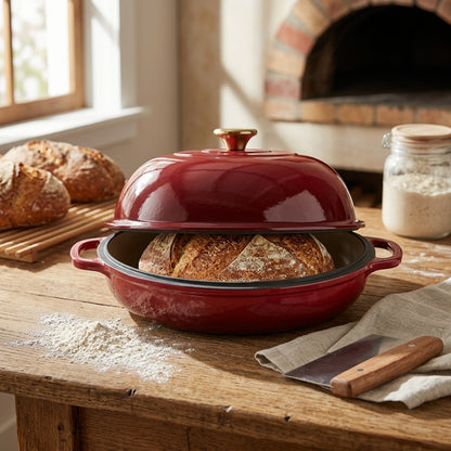 Tramontina cranberry red enamel cast iron bread oven with a fresh sourdough loaf on a wooden table.
