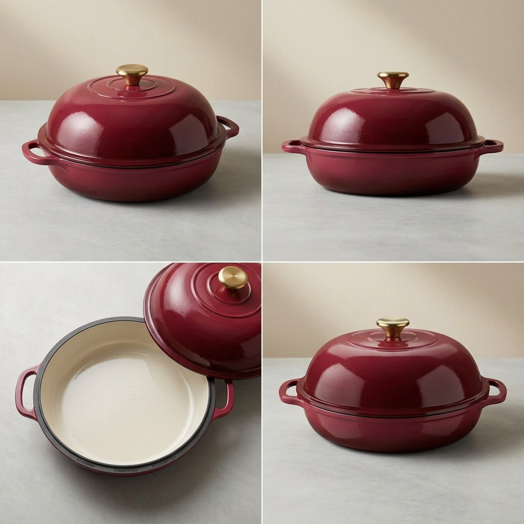 Four-grid view of the cranberry red Tramontina 9.5 inch bread oven showing dome lid and cream interior.
