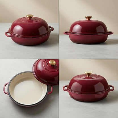 Four-grid view of the cranberry red Tramontina 9.5 inch bread oven showing dome lid and cream interior.
