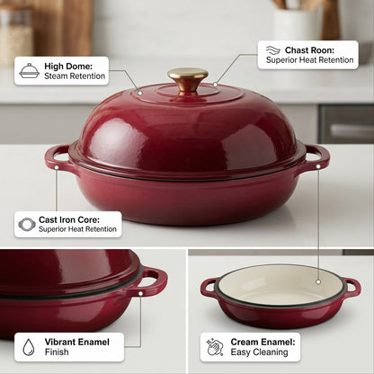 A cranberry Tramontina cast iron bread oven with callouts for high-dome steam and heat retention.
