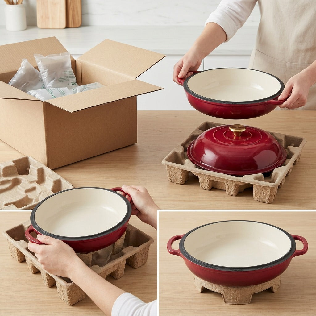 Unboxing the cranberry red Tramontina Enameled Cast Iron Bread Oven from protective shipping inserts.

