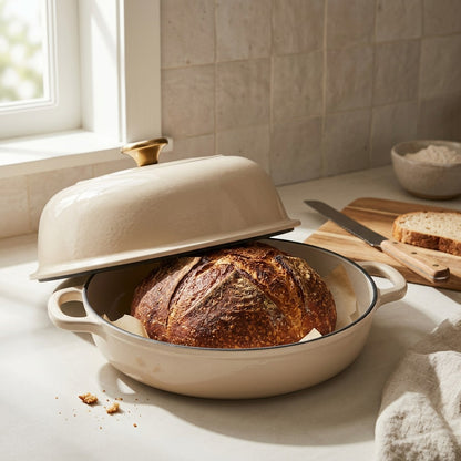 A fresh sourdough loaf inside the Latte-colored Tramontina 9.5-inch Enamel Cast Iron Bread Oven.
